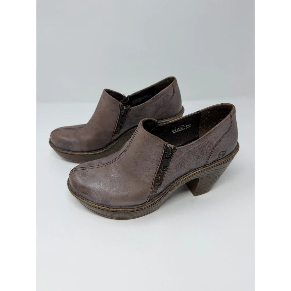 Born W82527 Leather Ankle Booties Brown Platform Block Heel Shooties Womens 8